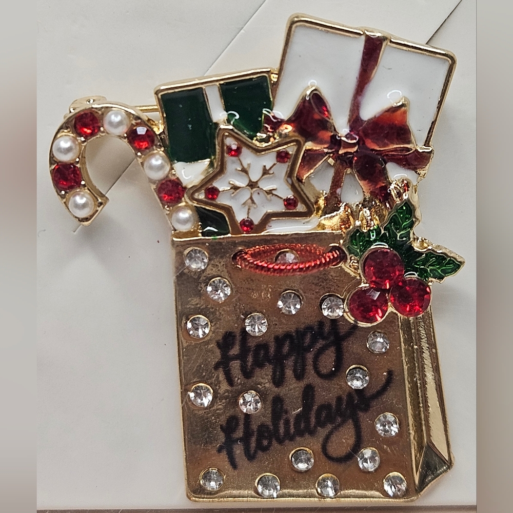 Happy Holidays Gift Bag Brooch NIB